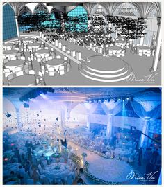 two different views of a banquet hall with tables and chairs set up for an event