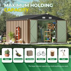 an image of a garden shed with the words maximum holding capacity on it and instructions to install