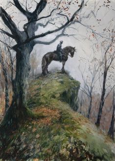 a painting of a horse standing on top of a hill next to a large tree