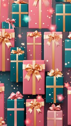 many pink and blue presents with gold bows