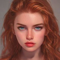 a woman with red hair and blue eyes