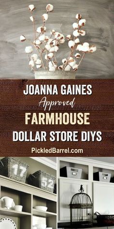 an open book shelf with white dishes on it and the words joanna gains approved farmhouse dollar store diys