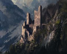 a painting of a castle on top of a mountain