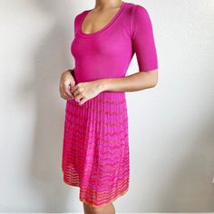 M Missoni Pink Knit Chevron Striped Knit Mini Dress. Flattering Short Sleeve & Super Stretchy With Built In Nude Lining. Top Is Fine Ribbed. Vibrant Color, Great Texture, Lightweight & Very Comfortable. Euc / Nwot 1 Dress. Tag 4. Fits Like A S/M. Buy 4! Unstretched Pit To Pit: 14" Waist: 13" Length: 41" Fit N Flare Knee-Length Ombr Orange Chevron Zig Zag Work Office Barbiecore Designer Contemporary Luxury Neiman Marcus Intermix Cocktail Office Work Party Crochet Knitted Bold Bright Mini Barbie, Knit Chevron, Pink Knit Dress, Missoni Dress, M Missoni, Pink Knit, Dress A Line, Contemporary Luxury, Work Party