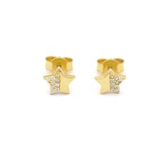 Sparkle and shine with these 14k CZ Star Fancy Stud Earrings! The intricate design features a fancy star shape with half of the star filled with dazzling cubic zirconia stones. Add a touch of elegance and glamour to any outfit with these stunning earrings. Crafted from solid 14k yellow gold, they provide a secure and comfortable fit with push back studs. Perfect for main or side piercings, these versatile earrings can also add a touch of glamour to your cartilage piercings. Upgrade your look now! Metal: 14k Gold Stone: Cubic Zirconia Type: Earrings Size: 6mm x 6mm Clasp: Push Back We guarantee all materials are 100% genuine as stated in the product description. Star Shaped Diamond Accent Earrings For Formal, Star-shaped Earrings With Diamond Accents For Formal Occasions, Star Shaped Earrings With Diamond Accents For Formal Events, Formal Star-shaped Earrings With Diamond Accents, Yellow Gold Star Diamond Earrings For Anniversary, 14k Yellow Gold Sparkling Earrings, Sparkling 14k Gold Earrings For Gift, Sparkling 14k Yellow Gold Earrings, Star-shaped Diamond Earrings With Accents For Anniversary