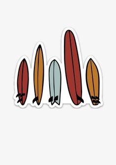 four surfboards lined up in a row on a white background stickers are attached to each other