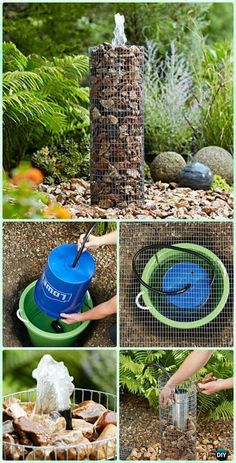 four pictures showing different ways to use a bird feeder in the garden, including water and rocks