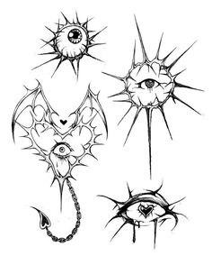 four different drawings of evil eyes and eyeballs with spikes on the sides, all in