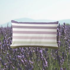 a lavender field with purple flowers and a striped pillow on the front, along with mountains in the background