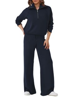 PRICES MAY VARY. Fabric: This sweatshirt & sweatpants set is made from 68% Rayon, 28% Polyester and 4% Spandex with soft texture, skin-friendly, smooth, and stretchy, relaxed fit for all day comfort. Must-have outfits in your Fall/Winter line. Feature: This sweatsuit set combines comfort with style. The sweatshirts features half zip and long sleeves for a relaxed fit, while wide leg sweatpants with elastic waist and drawstring ensure a customizable fit, and the inclusion of pockets on the pants Sweatsuit Sets Women, Leisure Tracksuit With Elastic Waistband And Long Sleeves, Leisure Tracksuit With Long Sleeves And Elastic Waistband, Oversized Crew Neck Tracksuit For Loungewear, Loungewear Tracksuit With Ribbed Cuffs, Relaxed Fit Long Sleeve Tracksuit With Elastic Waistband, Fall Loungewear Tracksuit With Elastic Cuffs, Fall Tracksuit With Elastic Cuffs For Loungewear, Athleisure Tracksuit With Elastic Waistband And Long Sleeve