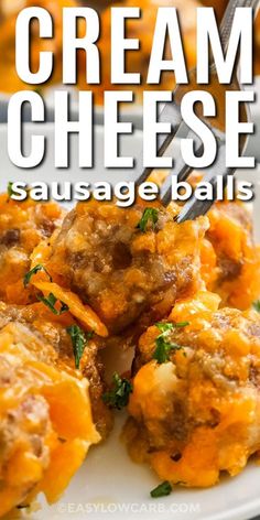 close up of Cream Cheese Sausage Balls with writing Sausage Balls With Almond Flour, Low Carb Sausage Balls, Sausage Balls With Cream Cheese, Sausage Balls Low Carb, Keto Sausage Balls, Recipe For Cream Cheese, Low Carb Sausage, Cheese Sausage Balls, Cream Cheese Sausage