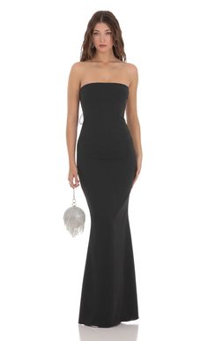 Back Bow Strapless Maxi Dress in Black | LUCY IN THE SKY Prom Dresses Long Tight, Strapless Dress Outfit, Black Strapless Maxi Dress, Champagne Prom Dress, Navy Blue Prom Dresses, Prom Dress Inspo, Bridesmaid Dresses Strapless, Strapless Prom Dress, Fall Wedding Guest Dress