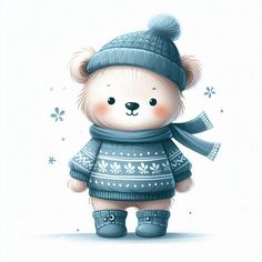 a teddy bear wearing a blue hat and scarf with snowflakes on the ground