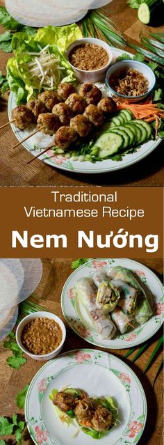 vietnamese food is served on plates with chopsticks