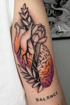 a person with a tattoo on their arm that has a drawing of a human heart