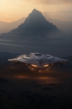 a futuristic flying vehicle in the middle of nowhere with mountains in the background at sunset