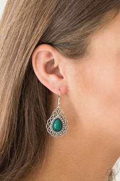 A green teardrop bead is pressed into a shimmery silver frame radiating with whimsical filigree and studded patterns. Earring attaches to a standard fishhook fitting. Sold as one pair of earrings. P5WH-GRXX-186XX Paparazzi Accessories Jewelry, Antique Silver Earrings, Inexpensive Jewelry, Jeweled Earrings, Fish Hook Earrings, Free Earrings, Teardrop Beads, Paparazzi Accessories, Green Earrings