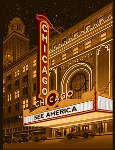 the chicago theater marquee is lit up at night