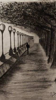 a drawing of a person walking down a sidewalk with street lamps on the wall and trees in the background