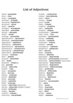 the list of adjectives is shown in black and white