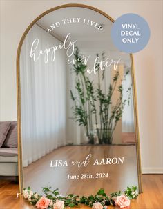 wedding decal with a Disney quote "and they lived happily ever after" on a tall mirror for wedding reception Mirror Wedding Signs, Graduation Party Backdrops, Custom Wedding Decor, Wedding Mirror, Wedding Signs Diy, Mirror Decal, Personalized Wedding Sign, Wedding Entrance, Wedding Wall