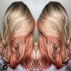 Blonde Balayage With Red Peekaboo, Blonde Hair With Color Peekaboos Fall, Blonde Hair With Red Peekaboos, Blonde With A Pop Of Color, Fall Peekaboo Hair, Red Peekaboo Hair Blonde, Red Underdye Hair Blonde, Blonde With Copper Peekaboo, Reverse Peekaboo Hair