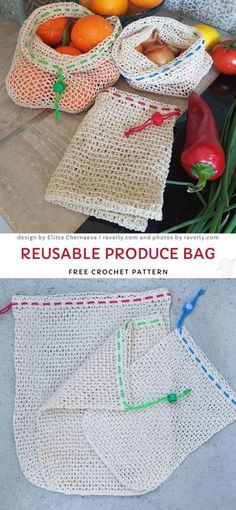 crochet reusable produce bag is shown in three different colors and sizes