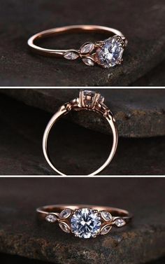 three different views of an engagement ring with diamonds on the side and in the middle