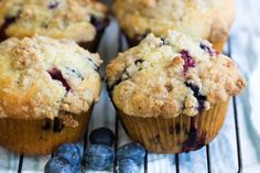 blueberry muffins cooling on a wire rack