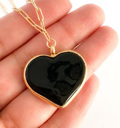 Heart necklace MATERIAL AND SIZE 18k Gold filled chain Heart size Black/Red: 2.5cm White: 2cm Length: you can choose it If you have questions about the product, feel free to reach me out. Don't forget to check out my other items in the store: Https://www.etsy.com/shop/nyahwithlove Gift Heart Pendant Necklace With Heart Detail, Gold Plated Heart Necklace For Her, Heart-shaped Gold Plated Charm Necklace For Her, Heart-shaped Gold Plated Charm Necklace, Personalized Heart Shaped Gold Plated Necklaces, Heart Charm Mother's Day Chain Necklace, Personalized Heart-shaped Gold Plated Necklaces, Valentine's Day Gold Plated Heart Necklace, Personalized Heart-shaped Gold Plated Necklace