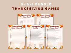 five thanksgiving games with the text 5 - in - 1 bundle on top of them