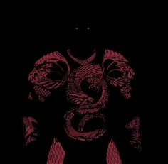 the silhouette of a man with two snakes on his chest, in red and black