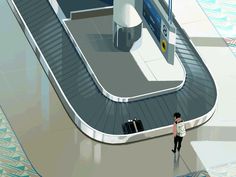 an artist's rendering of a man standing in front of an airport baggage claim