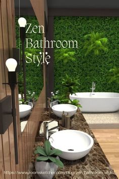 a bathroom with two sinks and a bathtub in front of a green wall that has plants growing on it