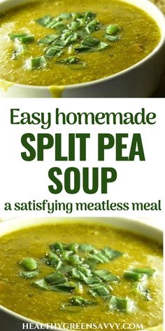 two bowls of split pea soup with text overlay