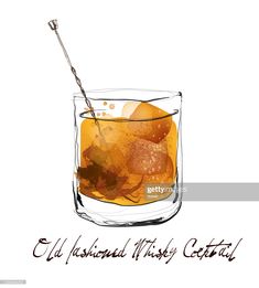 an old fashioned whiskey cocktail in a glass with ice and orange peels on the rim