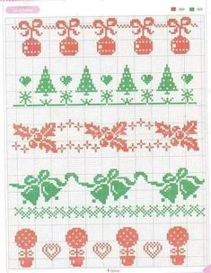 a cross stitch pattern with christmas decorations and bows on the side, in green and red