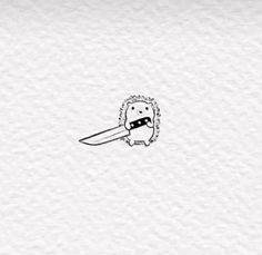 a black and white drawing of a cartoon character holding a knife in its mouth with the word