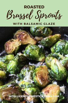 roasted brussel sprouts with balsamic glaze in a skillet