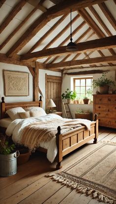 a bed room with a neatly made bed and wooden furniture