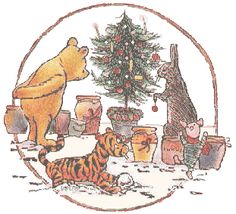 winnie the pooh christmas card with two bears and a bear in front of a tree