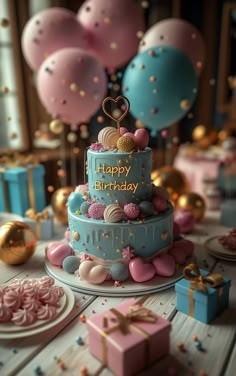 a birthday cake sitting on top of a table next to balloons and confetti