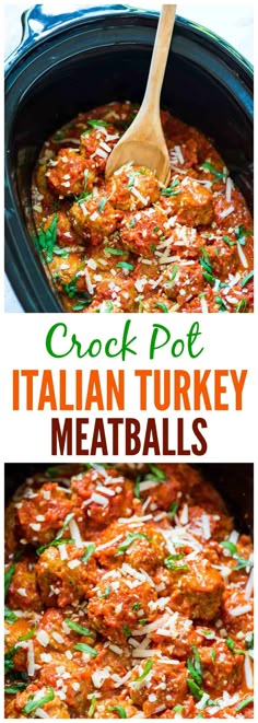 crock pot italian turkey meatballs in a slow cooker with text overlay