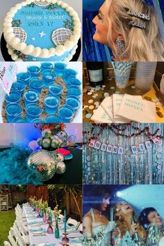 a collage of photos with blue and silver decorations on top of each photo, two women wearing tiaras