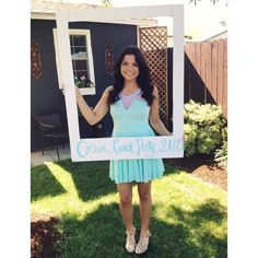 a woman holding up a sign that says graduation party ideas, planning and photoshopping