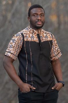 FREE SHIPPING, ADD TO CART NOW ! Our Adonis African shirt for men is perfect for any event. It can give you the casual and formal vibes.  Description: Button-Up Mao collar Trimming with African print fabric 100% cotton African print fabric and super 100 Measurements: S (Size 4-6)       M (Size 8-10)         L (Size 12- Black Cotton Semi-formal Shirt, Black Cotton Short Sleeve Shirt With Casual Collar, Semi-formal Black Cotton Shirt, Black Short Sleeve Cotton Shirt With Casual Collar, Black Short Sleeve Shirt For Semi-formal Occasions, Black Semi-formal Tops For Summer, Black Semi-formal Summer Top, African Print Shirts For Men, African Shirts Designs