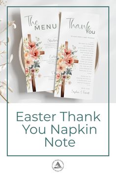 two folded thank cards with the words, easter thank you napkin note