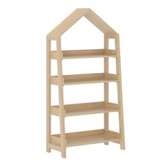 a wooden shelf with three shelves in the shape of a house, on a white background