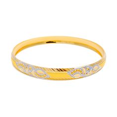 This 22k gold bangle, weighing 14.6 grams, features an elegant two-tone vine motif in yellow and white gold, creating a stunning visual harmony. The design brings a touch of nature's beauty to the wrist, sized at 2.6 with a bangle opening of 2.35 inches for comfort and ease of wear. As a singular piece, it embodies sophistication and the artistry of blending colors and themes, ideal for those who appreciate the intricate details and the timeless appeal of gold jewelry. This bangle is a versatile and exquisite addition to any collection, perfect for enhancing any outfit with its unique charm. PRODUCT DETAILS Gold Purity(karat): 22k Gold Weight(grams): 14.6 Item Finish: Yellow + White Gold Size: 2.6 Bangle Opening: 2.35" Number Of Pieces: 1 Bangle Style No - VA079 Yellow Gold Bangle Bracelet With Elegant Design, Elegant Yellow Bangle Bracelets, Elegant Yellow Gold Bangle Bracelet, Elegant Yellow Bangle Bracelet, Hand Set Yellow Gold Bangle, Elegant Yellow Gold Round Bangle, Yellow 22k Gold Bangle With Intricate Design, Yellow Gold Bangle Bracelet With Intricate Design, Elegant Yellow Bracelet With Intricate Design