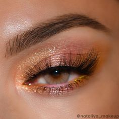 Rust Color Makeup, Orange Glitter Eye Makeup, Flame Inspired Makeup, Orange Prom Dress Makeup, Whimsical Makeup Brides, Sunrise Makeup Looks, Red Gold Eye Makeup, Prom Makeup Orange, Fun Wedding Makeup